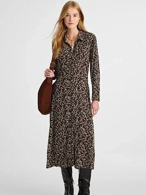 NWT MADEWELL Ruched Viscose Midi Shirtdress NW723 Size 14 Brigette Spots Brown